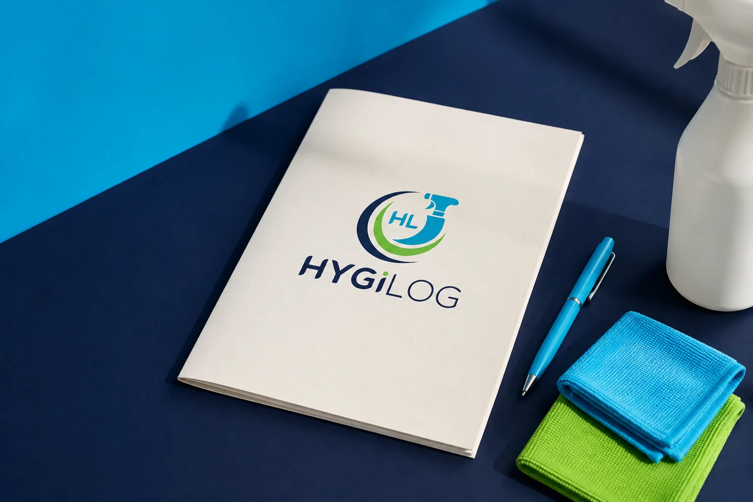 Mise en scène du logo Hygilog sur une pochette, avec des textiles et un stylo.