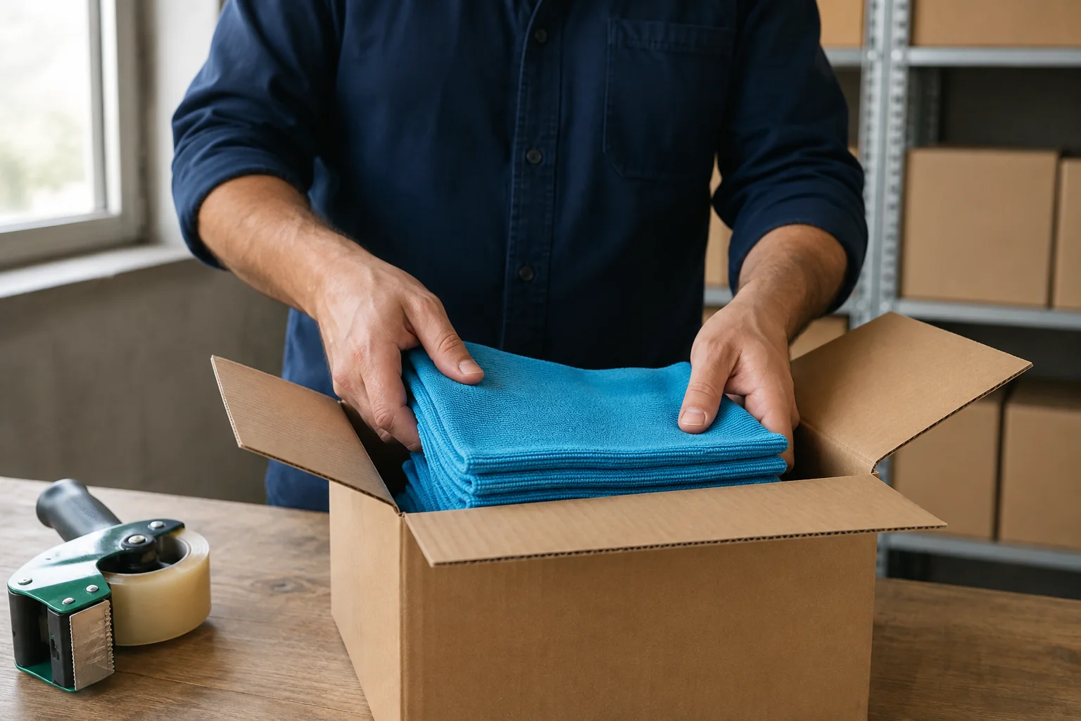 Illustration d’un geste de préparation de commande : des textiles placés dans un carton.